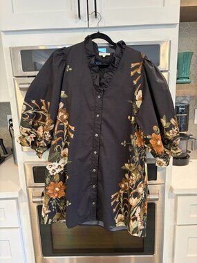 Entro Button Front Botanical Dress in black and floral multi